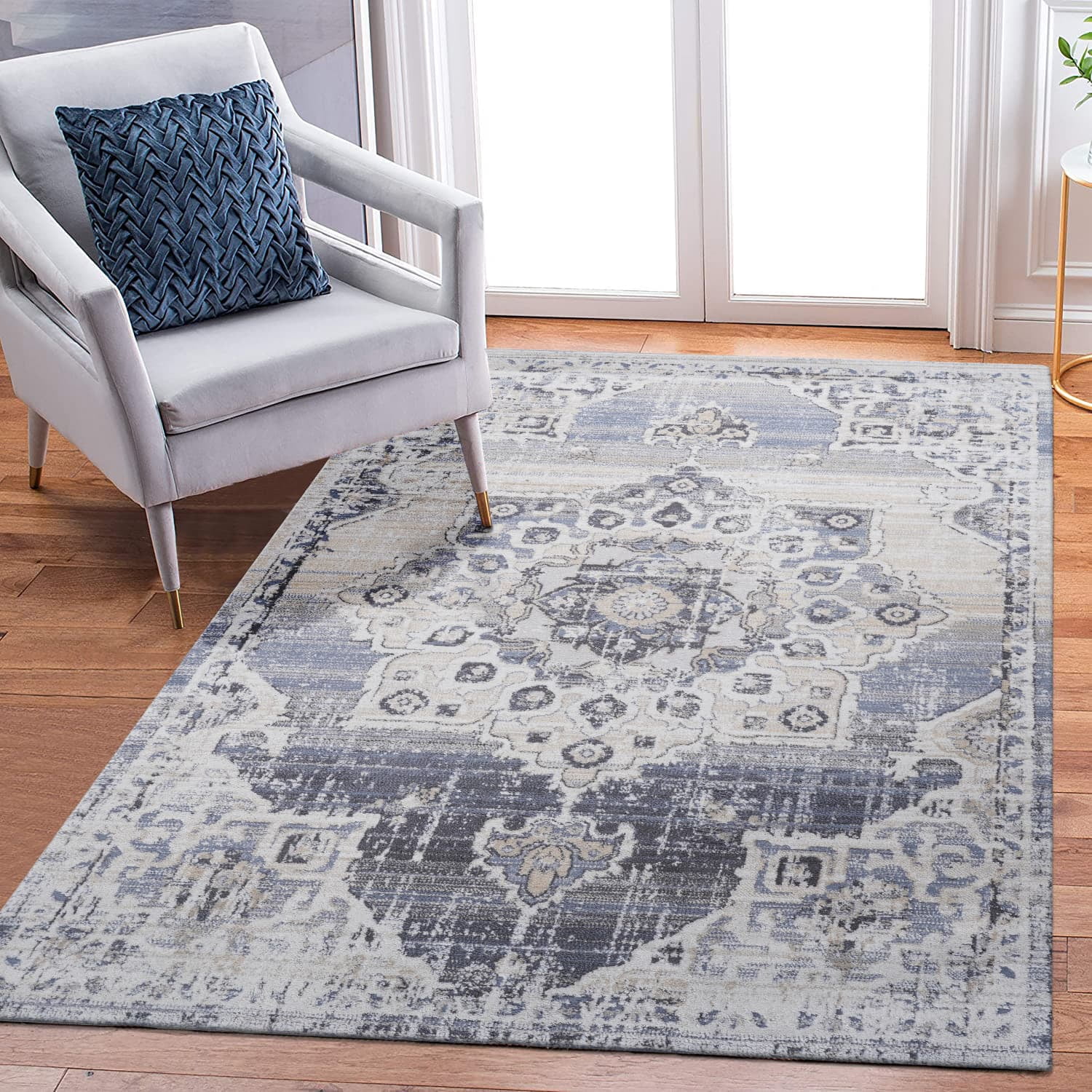 8' x 10' Cream Blue Medallion Area Rug Non-Shedding Stain Resistant Medium Pile Carpet for Living Room Bedroom Dining Room Home Office Entryway