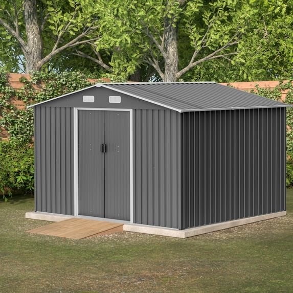 8 x 10 FT Outdoor Storage Shed, Waterproof Metal Garden Shed with Foundation & Lockable Doors, All Weather Large Tool Sheds for Garden, Patio, Backyard, Lawn, Gray