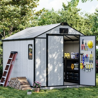 8 x 10 FT Resin Outdoor Storage Shed, All-Weather Plastic Garden Shed with Floor, Lockable Doors & Windows, Plastic Tool Shed for Poolside, Backyard, Patio