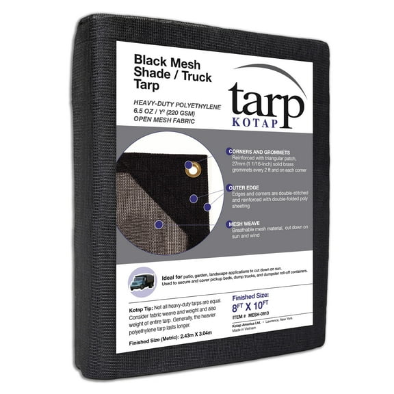 KOTAP 8 x 10 Ft. Shade/Truck Black Mesh Tarp, Debris Coverage, Breathability, 70% Shade, 6.5 oz/sq Yard, MESH-0810