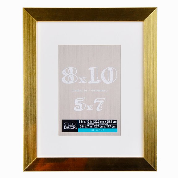 Studio Decor 8" x 10" Gold Belmont Picture Frame with 5" x 7" Mat - Pre-attached Hanging Hardware, Horizontal or Vertical Display - MDF, 1 Pack