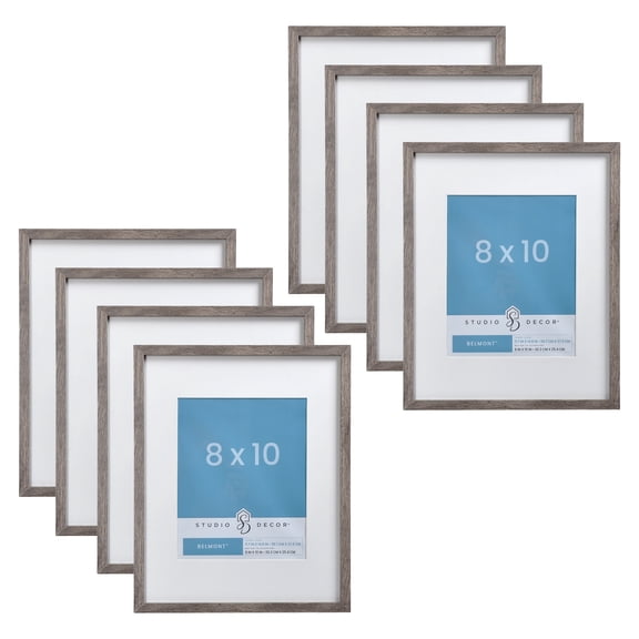 Studio Decor 8" x 10" Gray Narrow Belmont Frames with Mat - Rustic MDF Frames with White Mat & Glass/Styrene Fronts, Horizontal or Vertical Display, 8 Pack