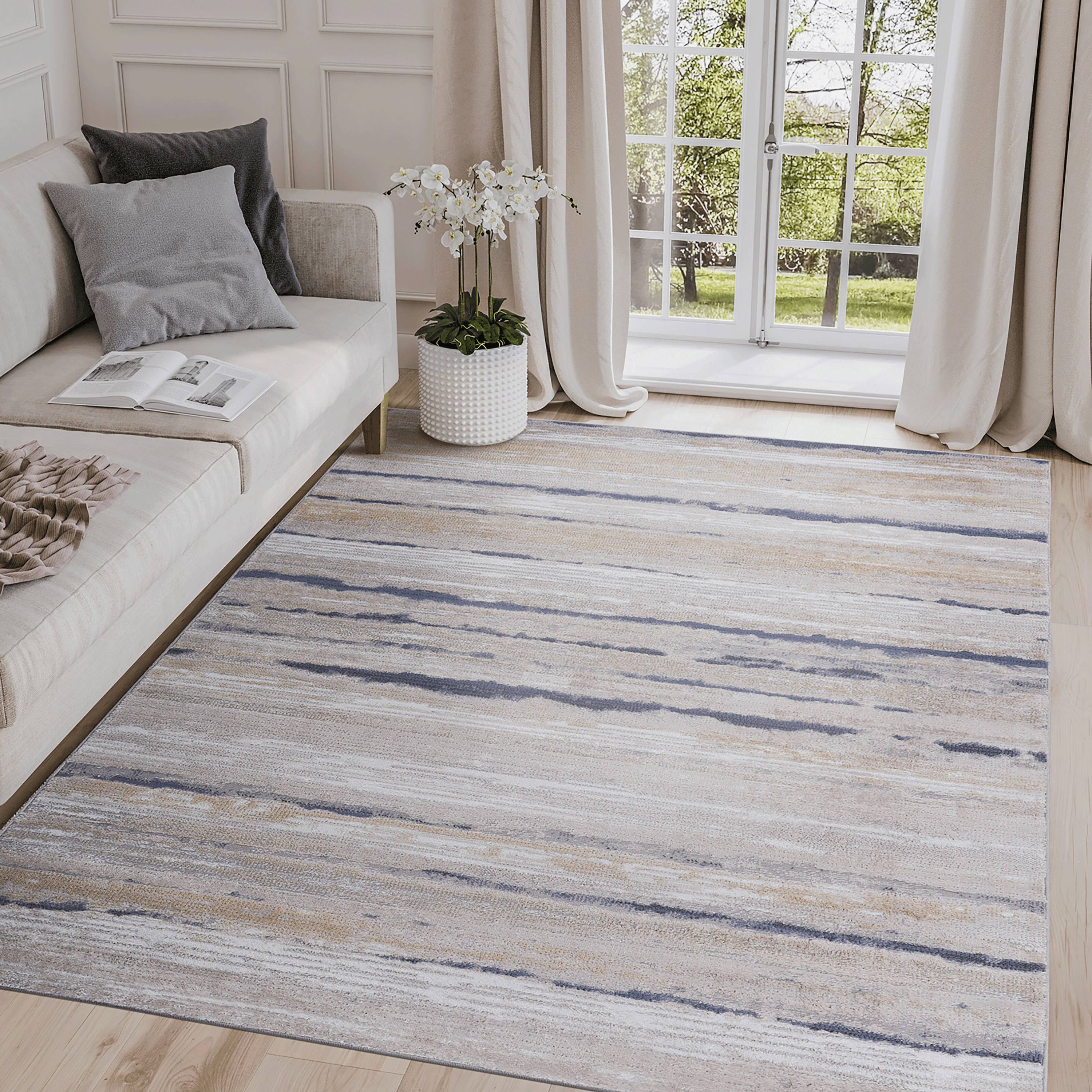 8' x 10' Ivory Blue Striped Area Rug Non-Shedding Stain Resistant Medium Pile Carpet for Living Room Bedroom Dining Room Home Office Entryway