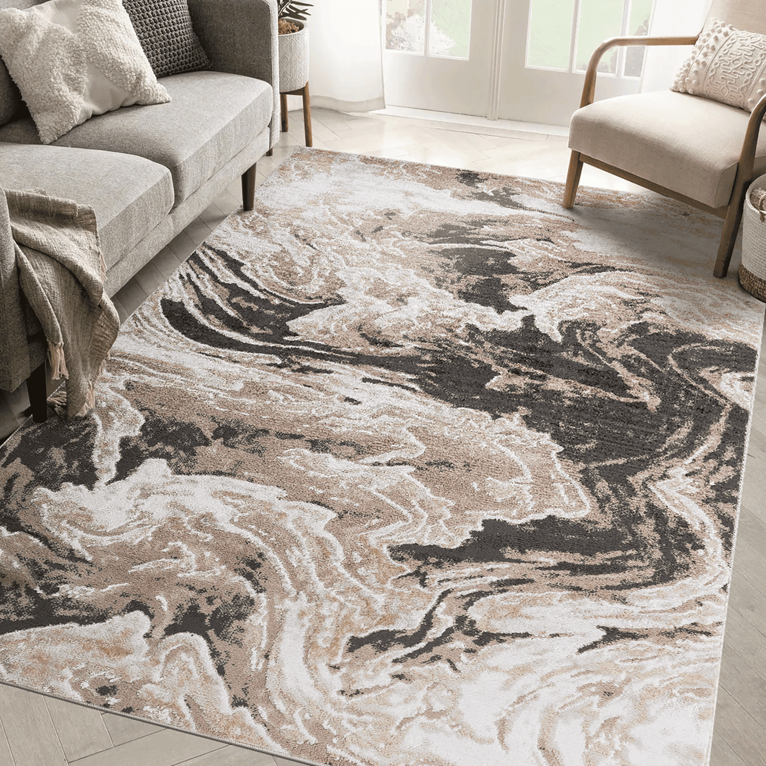 8' x 10' Light Brown Abstract Area Rug Non-Shedding Stain Resistant Medium Pile Carpet for Living Room Bedroom Dining Room Home Office Entryway
