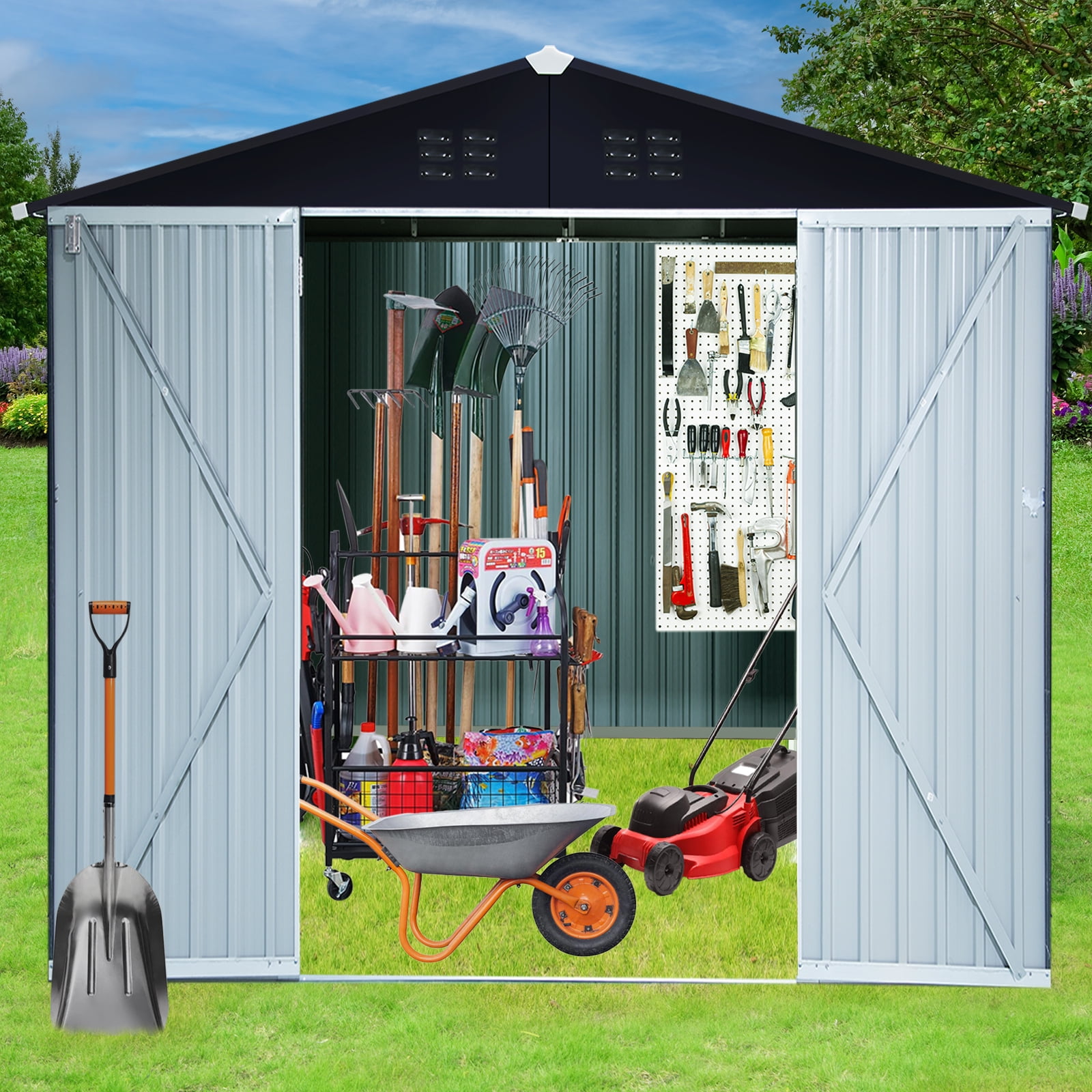 JBLCC Metal Galvanized Steel Garden Storage Shed with Lockable Door ...