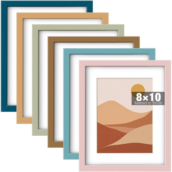 8 x 10 Picture Frame Set of 6, Boho Colorful Photo Frames Display Pictures 5 x 7 with Mat or 8 x 10 without Mat Picture Frame with Acrylic Cover for Gallery Home Wall Table Classroom Decor