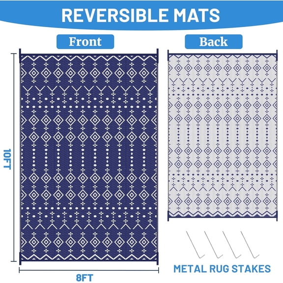 8’ x 10’ Reversible Outdoor Rug, Waterproof Plastic Straw Rug,  Rug, Large Modern Area Rug Carpet, Indoor Outdoor Rugs for Camping, Porch, Deck, Balcony, Backyard, RV, Picnic(Blue)