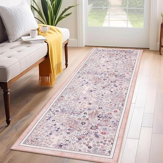 8'x 10' Runner Rug for Hallways Kitchen Non Slip Washable Rugs with Rubber Backing Soft Floral Carpet Runner for Hallways, Kitchen, Laundry, Bedroom, Bathroom-Light Pink