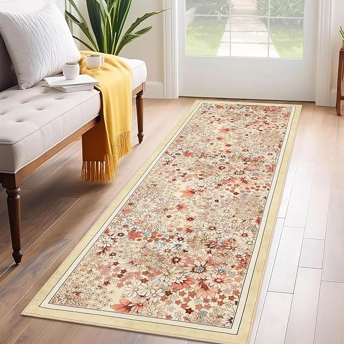 8'x 10' Runner Rug for Hallways Kitchen Non Slip Washable Rugs with Rubber Backing Soft Floral Carpet Runner for Hallways, Kitchen, Laundry, Bedroom, Bathroom-Yellow