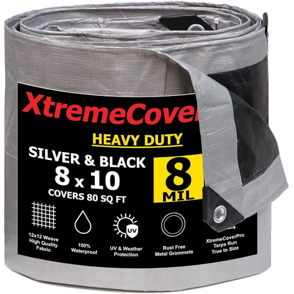 8' x 10' Silver / Black Super Ultra Heavy-Duty Tarp – 8 mil Waterproof & UV-Resistant 8x10 - Large Outdoor Tarp, Waterproof Cover for Rain Camping, Tent, UV Protection, Reinforced Corners
