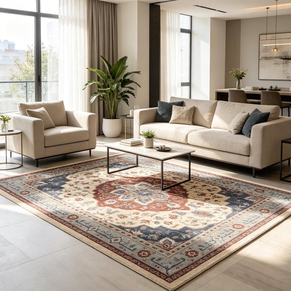 8' x 10' Vintage Persian Area Rug, Traditional Oriental Medallion Design, Washable Low Pile Rug, Non-Slip Stain Resistant Carpet for Living Room, Bedroom, Dining Room, Classic Home Decor