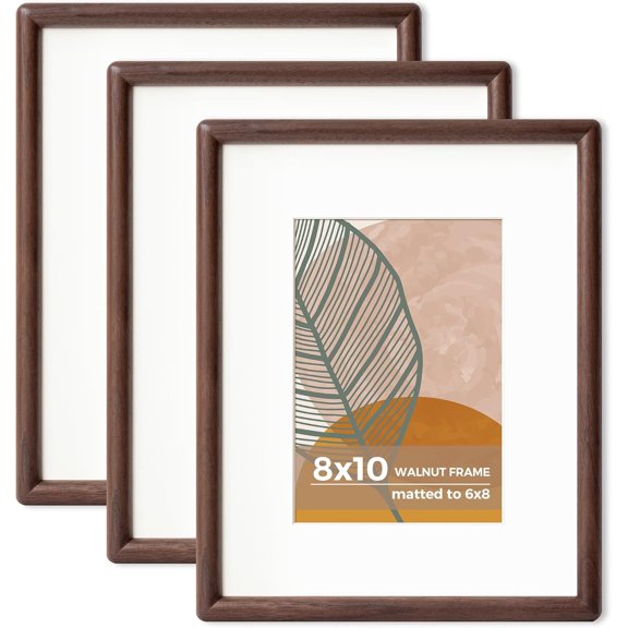 8 x 10 Walnut Frame Set of 3 - Rounded Corner 8x10 Picture Frame Matted to 5x7 - Walnut Wood 8 x 10 Photo Frame with Tempered Glass for Wall Mount or Tabletop Display