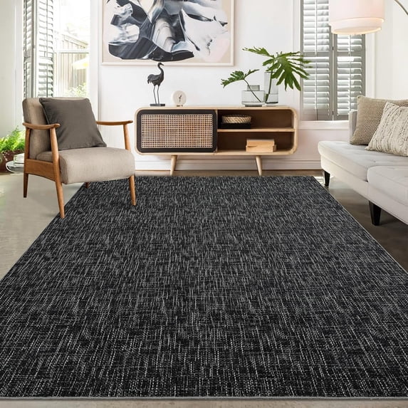 8' x 10' Washable Area Rugs, Distressed Modern Abstract Office Carpet Low Pile Rug Non Slip Farmhouse Floor Cover, for Living Room Bedroom, Black