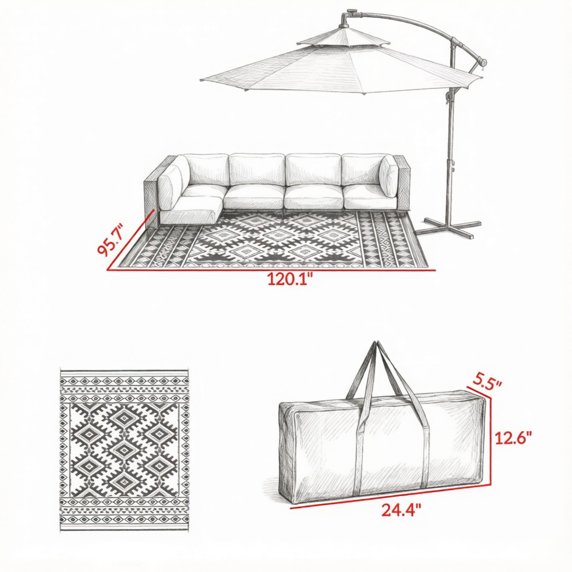 8' x 10' Waterproof Reversible Outdoor Rug: Blue White Rhombus Border Plastic Straw Rug with Carry Bag