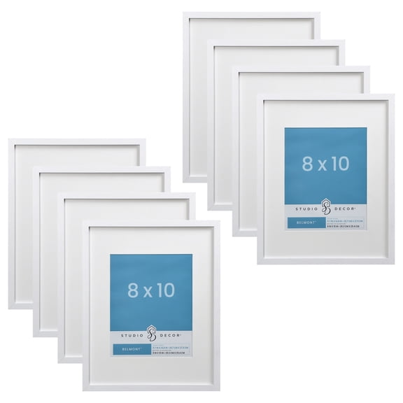 Studio Decor 8" x 10" White Narrow Belmont Frames with Mat - Rustic MDF Frames with White Mat & Glass/Styrene Fronts, Horizontal or Vertical Display, 8 Pack