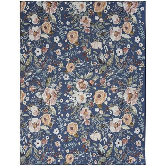 8 x 10 ft. Blue & Green Floral Power Loom Washable Non Skid Rectangle Area Rug