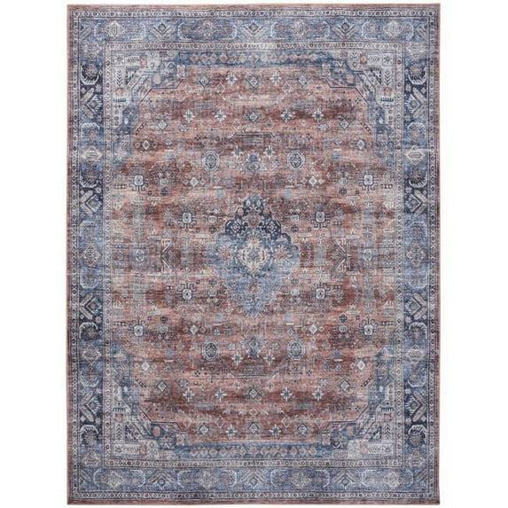 8 x 10 ft. Blue & Red Oriental Traditional Power Loomed Distressed Washable Non Skid Rectangle Area Rug