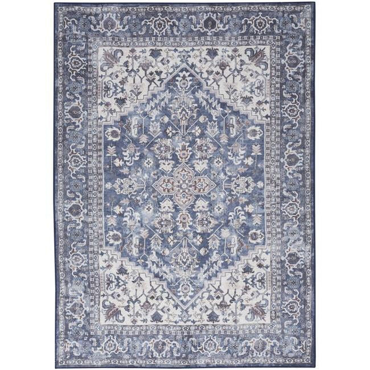 8' x 10' Ivory and Blue Floral Distressed Washable Wool Area Rug