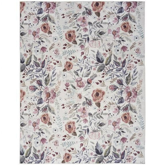 8 x 10 ft. Ivory Pink & Green Floral Traditional Power Loomed Washable Non Skid Rectangle Area Rug