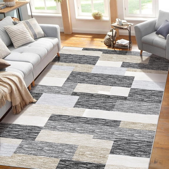 8 x 10 ft Modern Geometric Patchwork Area Rug, Machine Washable Non-Slip Stain Resistant Soft Low-Pile Foldable Rug for Living Room Bedroom - Beige/Gray