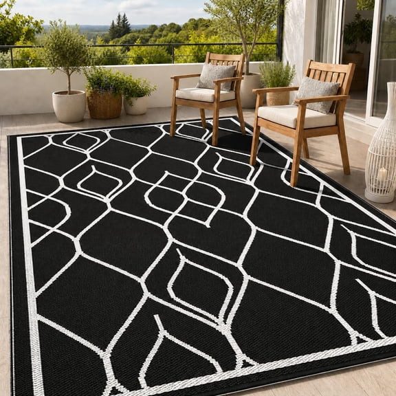 8 x 10 ft Outdoor Rug, Waterproof Reversible Plastic Straw Mat, Lightweight Foldable UV Resistant Patio Rug for RV Camping Deck Porch - Black/White