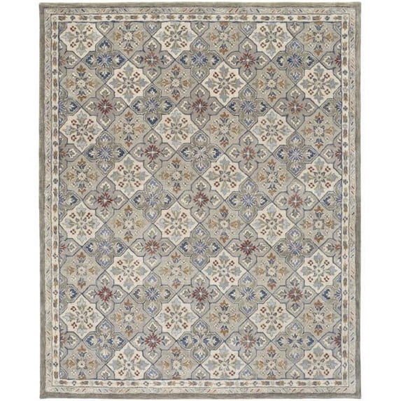 8 x 10 ft. Taupe Ivory & Red Wool Patchwork Hand Tufted Handmade Stain Resistant Rectangle Area Rug