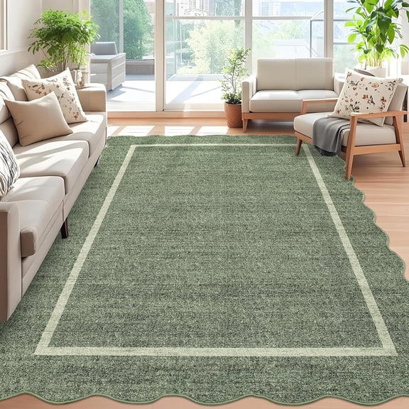 8 x 10 ft Washable Area Rug, Scalloped Bordered Non Slip Soft Low Pile Stain Resistant Non-Shedding Rug for Living Room Bedroom Dining Room - Gray/Green