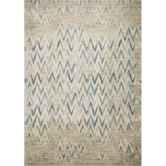 8’ x 11’ Beige Blue Distressed Chevron Area Rug