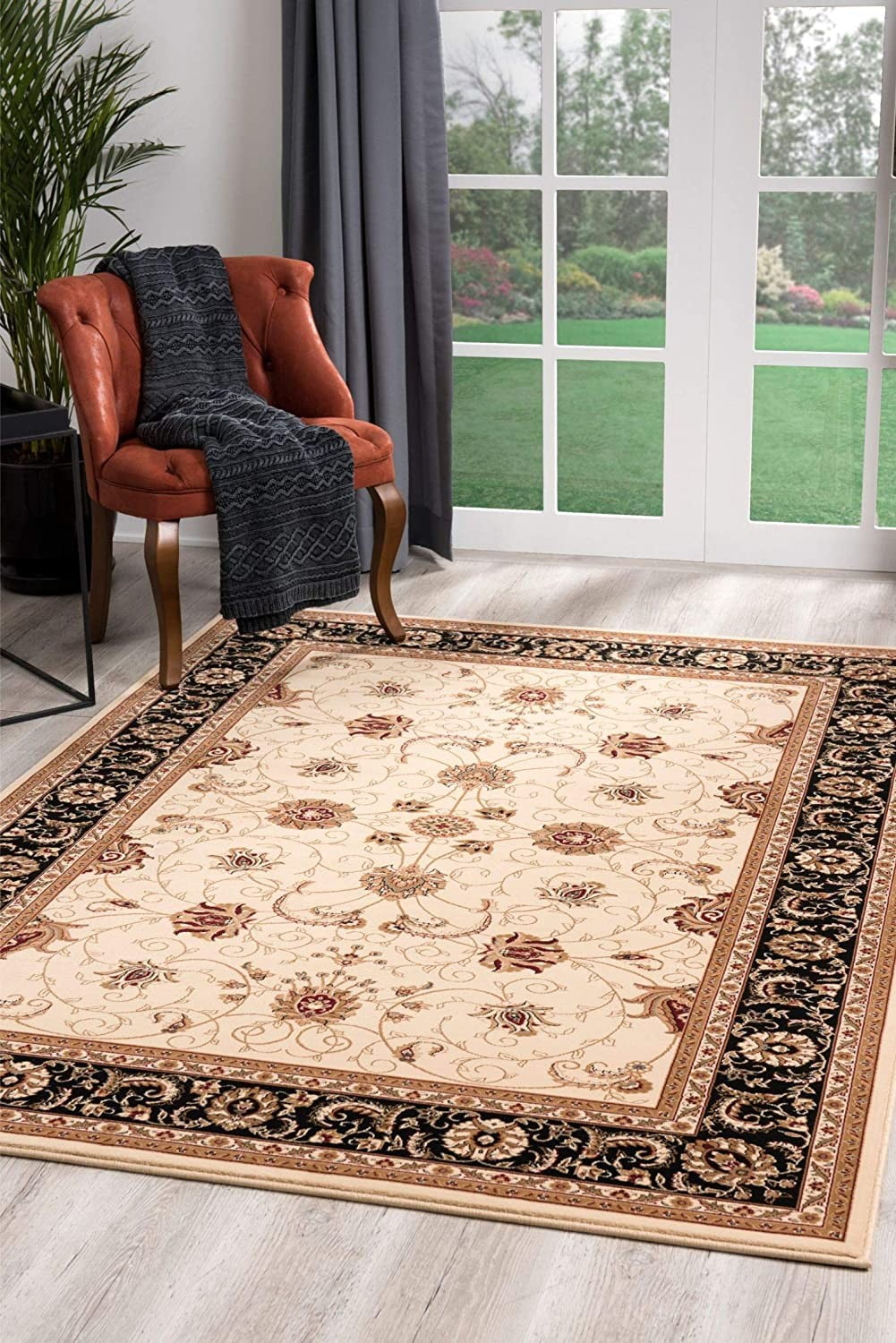 8' x 11' Cream and Black Oriental Wool Area Rug