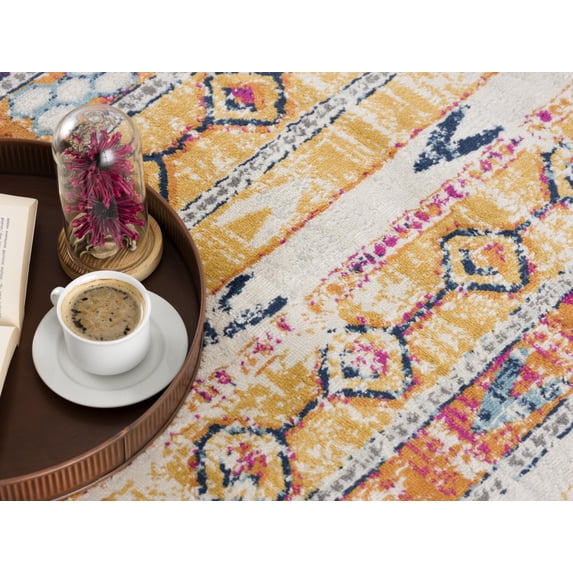 8’ x 11’ Gold and Ivory Distressed Tribal Area Rug