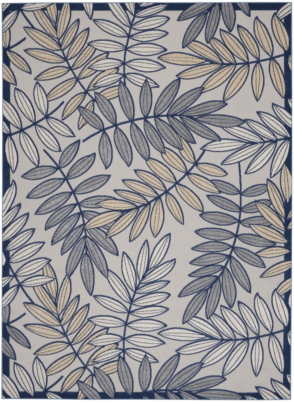 8â€™ x 11' Ivory and Navy Leaves Indoor Outdoor Area Rug