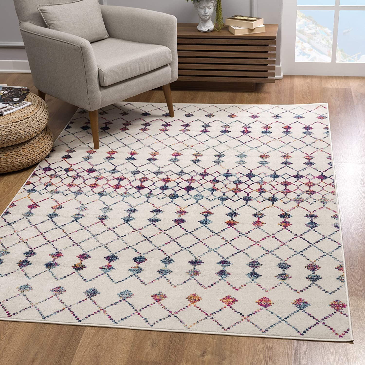 8' x 11' White and Multicolor Geometric Synthetic Area Rug