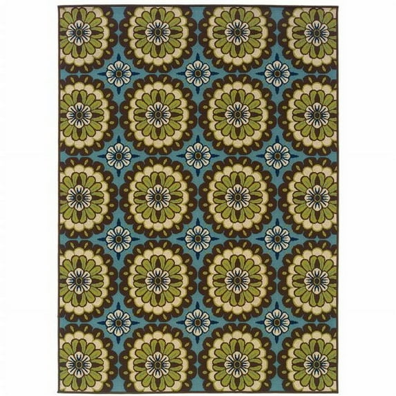 8 x 11 ft. Blue Floral Stain Resistant Indoor & Outdoor Rectangle Area Rug - Blue and Green - 0.16in. H x 94.49in. W x 129.92in. D