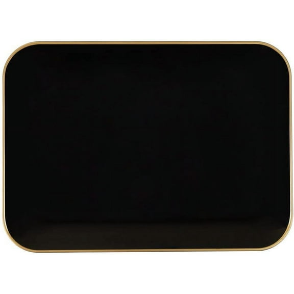 8" x 11" inch Disposable Rectangular Black Plastic with Gold Rim Serving Tray, China Like Party Trays, Heavy Duty Dinner Serving Plate, Platter, Weddings, Baby Showers, Catering (1)
