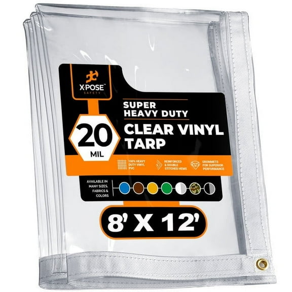 8' x 12' Clear Vinyl Tarp - Super Heavy Duty 20 Mil Transparent Waterproof PVC Tarpaulin with Brass Grommets - for Patio Enclosure, Camping, Outdoor Tent Cover, Porch Canopy - by Xpose Safety