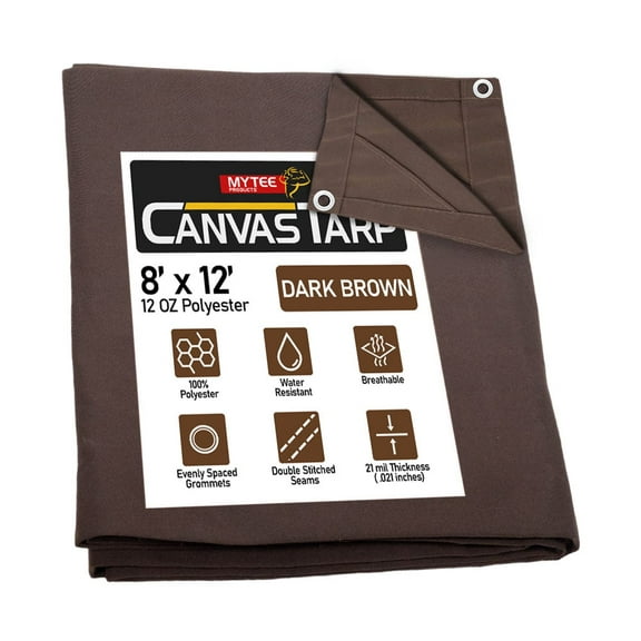 8' x 12' Dark Brown 12oz Canvas Tarp with Grommets - Water Resistant - Heavy Duty Canvas Tarps - Multipurpose Tarpaulin Cover for Canopy Tent, Roof, Camping, Semi Trucks & Cargo