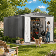 8 x 12 FT Galvanized Steel Outdoor Garden Storage Shed, Weather Resistant Metal Utility Building with Vent Windows & Secure Lock, Dark Gray