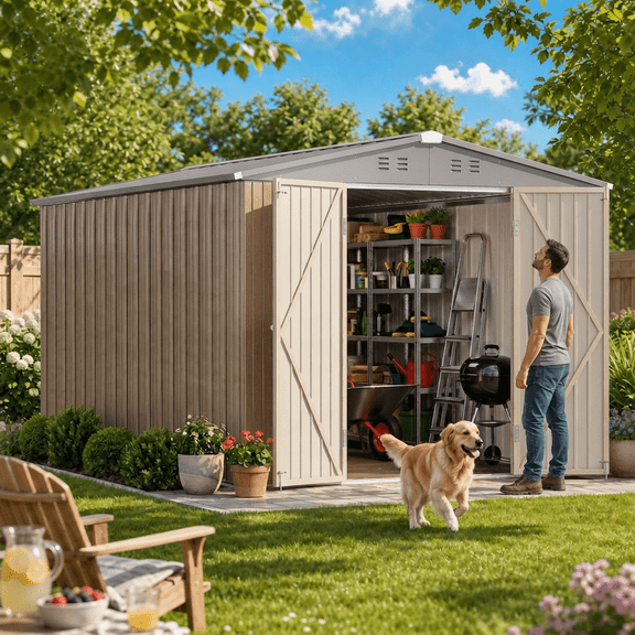 8 x 12 FT Galvanized Steel Outdoor Garden Storage Shed, Weather Resistant Metal Utility Building with Vent Windows & Secure Lock, Light Brown