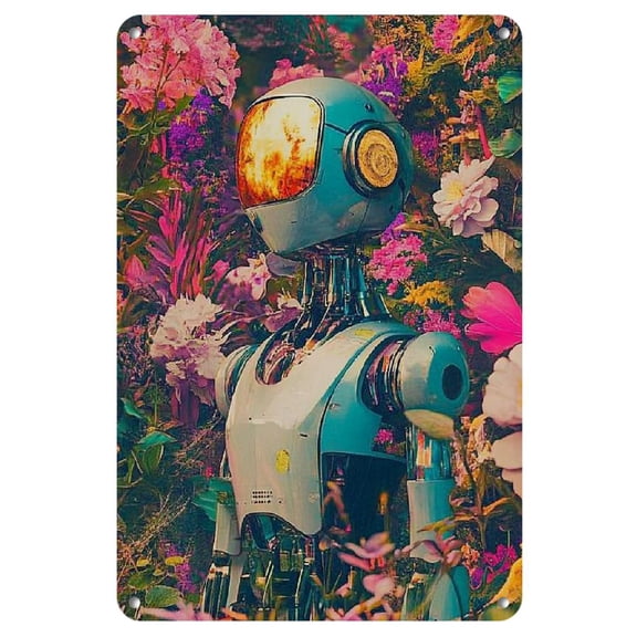 8" x 12" Iron sheet painting Wall Art - Garden Bot's Vision: A Futuristic Depiction of a Robot Using Technology to Enhance the Growth and Beauty of Plants