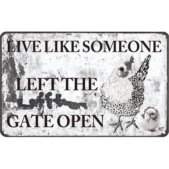 8 x 12 in Metal Tin Sign - Funny Chicken Coop Signs Chicken Decor Chicken Signs Live Like Someone Left The Gate Open Tin Sign for Home Farm Yard Garden Farmhouse Kitchen Decor (8 X 12) Inch