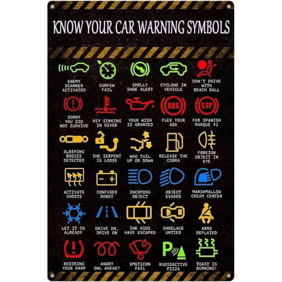 8 x 12 in Metal Tin Sign - Funny Metal Tin Sign Know Your Car Warning Lights Mechanics Sign Car Posters For Men Garage Decor Mechanic Gifts Cool Car Accessories Car Warning Signs Mens Room Decor