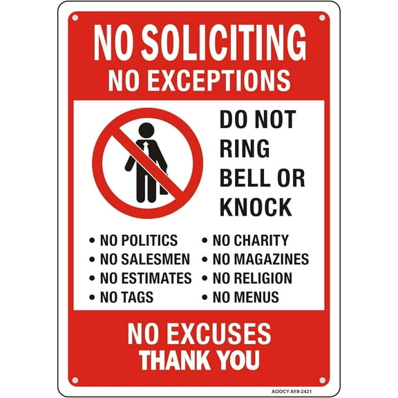 8 x 12 in Metal Tin Sign - Large No Soliciting Sign for House, Funny Decor for Home Yard, Metal Aluminum Rust Free, Do Not Ring Bell No Knock Sign - 10" x 13.8", Pre-Drilled Holes, Weather Resistant