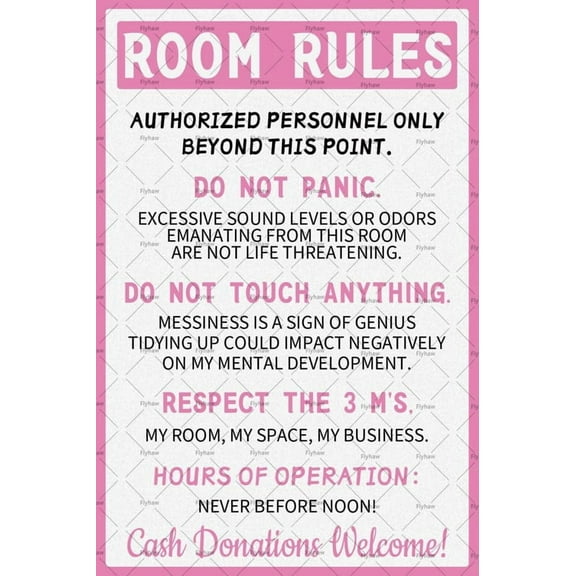 8 x 12 in Metal Tin Sign - Pink Room Rules Sign for Teen Girls Boys Pink Girl Room Decor Tin Signs Bedroom Gaming Room Door Decor Funny Metal Signs pink stuff metal tin plaque 12 X 8 Inch