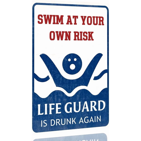 8 x 12 in Metal Tin Sign - Pool Decorations Outdoor Pool Decor Swim At Your Own Risk Pool Sign Pool Deck Accessories Gifts Funny Warning Safety Plaque Signs For Swimming Pool Beach Water