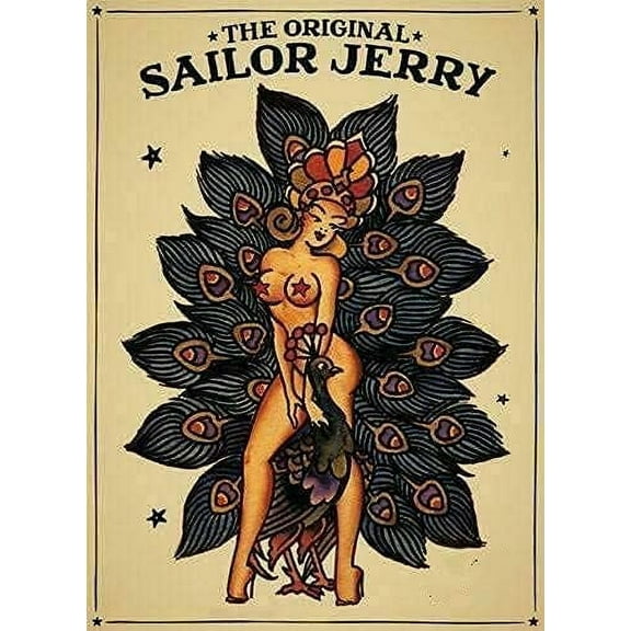 8 x 12 in Metal Tin Sign - Vintage Tin Sign Sailor Jerry Tattoo Girl and A Peacock Retro Kitchen Garden Restaurant Farm Bathroom Zoo People Cave Farm Wall Decor Metal Plate 8x12 Inch