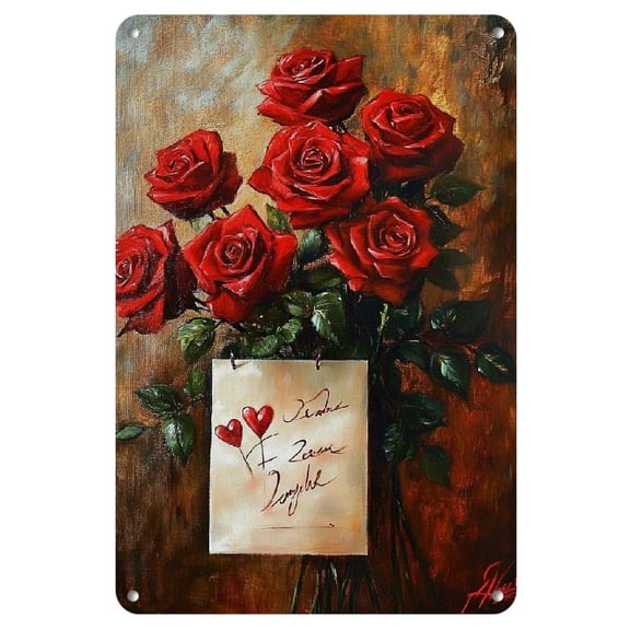 8" x 12" Metal Tin Sign: Wall Art - 'Romantic Red' with a bouquet of red roses in a vase, a symbol of deep affection.