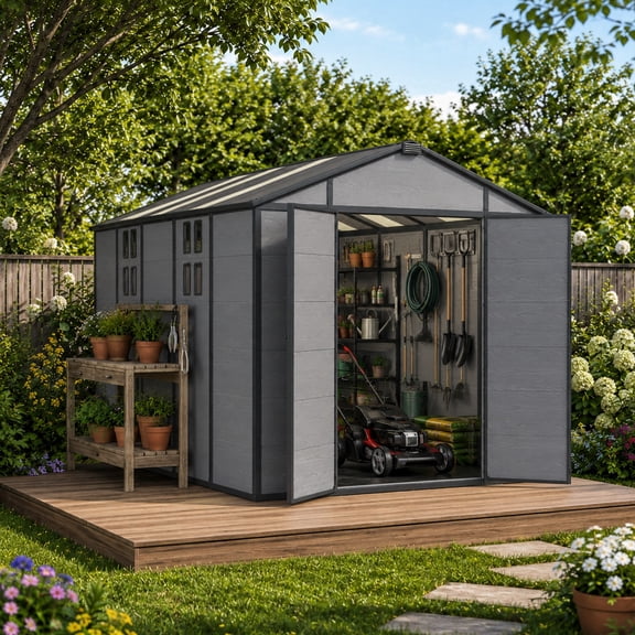 8'x 12' Resin Outdoor Storage Tool Shed, Weather Resistant Garden Storage Shed with Door and Solid Floor for Backyard, Patio, Lawn, Dark Grey