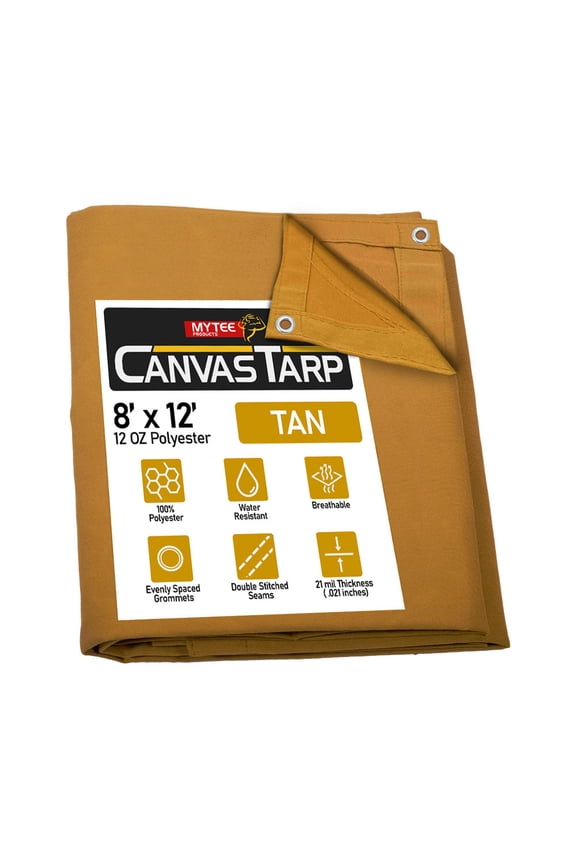 8' x 12' Tan 12oz Canvas Tarp with Grommets - Water Resistant - Heavy Duty Canvas Tarps - Multipurpose Tarpaulin Cover for Canopy Tent, Roof, Camping, Semi Trucks & Cargo