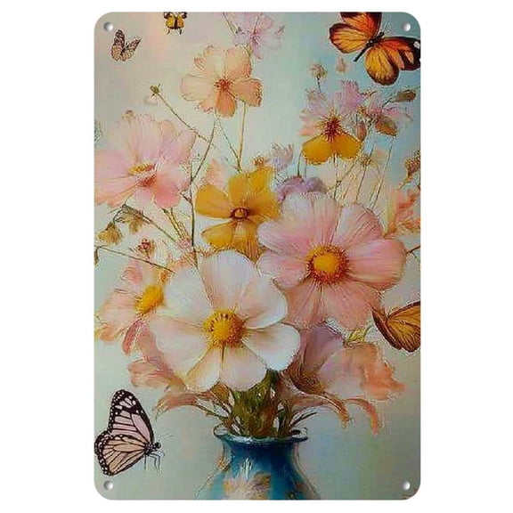 8" x 12" Vintage Iron Wall Art Sign - 'Flowerful Harmony' with Vibrant Floral Bouquet & Butterflies, Pastel Colors, Perfect for Home, Cafe, Office, or Garden Decor, Outdoor Decor