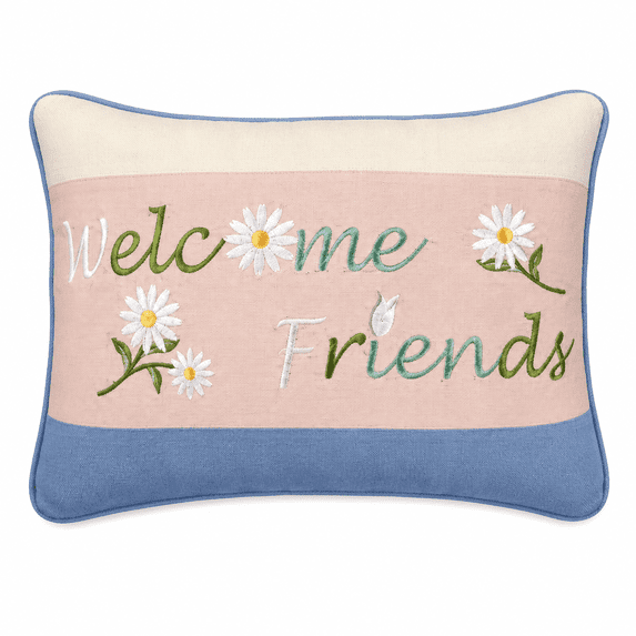 White Floral "Welcome Friends" Embroidered Mini Accent Pillow, 8" x 12"